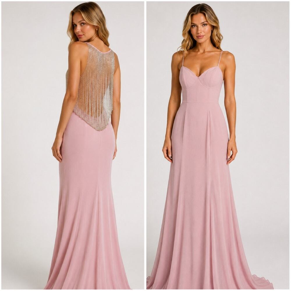 TERANI COUTURE Maxi Dress Sweetheart Beaded Back Formal Gown Prom Pink